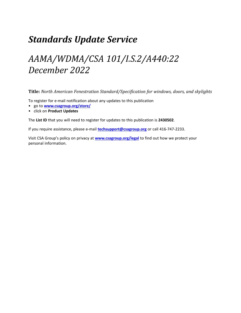 CSA AAMA/WDMA/CSA 101/I.S.2/A440:22 CSA AAMA/WDMA/CSA 101/I.S.2/A440:22 pdf